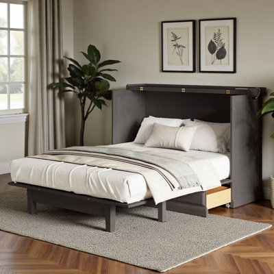 Wooden Fold-Down Murphy Bed With Built-In Storage Drawers