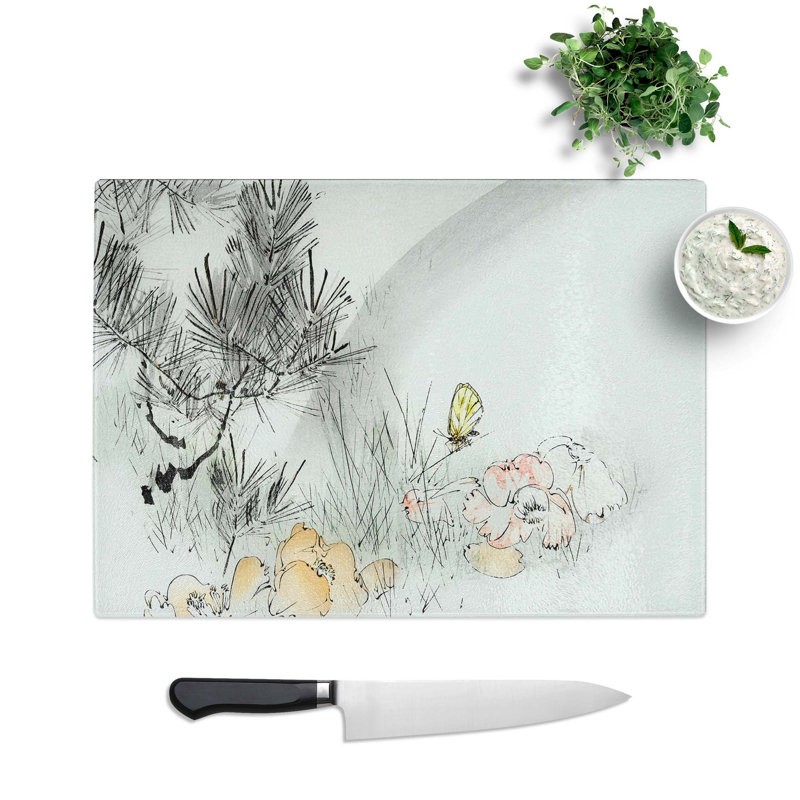 Tempered Glass Butterfly and Pine Tree Chopping Board, 39 cm W x 28.5 cm L