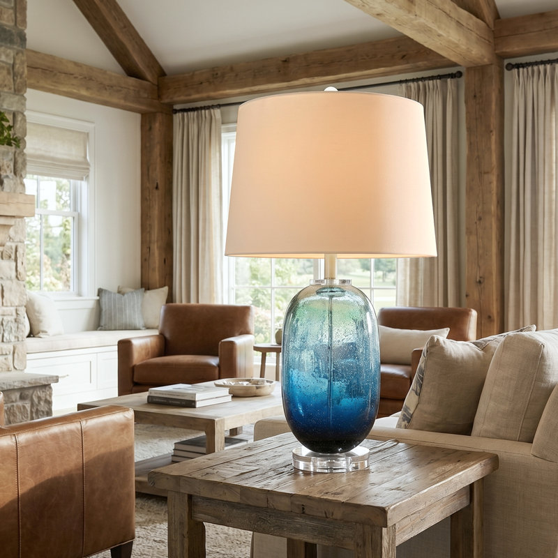 Lampe de table moderne en verre dégradé bleu de 63,5 cm (25 po) avec base en cristal transparent, idéale pour le salon, la chambre ou un buffet.