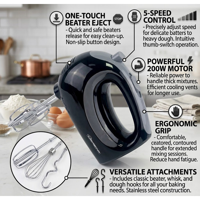 5 Speed Electric Mixer, Includes 2 Mixing Beaters. 150 W. Black