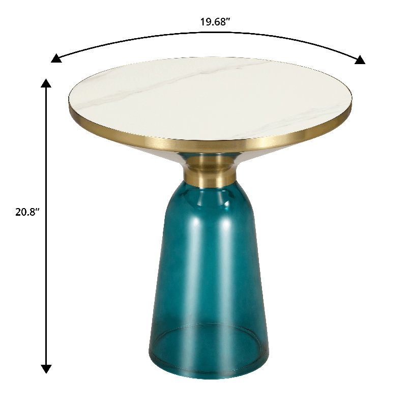 19" Round Side End Table Glass/Sintered Stone Top With Brushed Gold Rim And Tempered Glass Base, Blue, White Stone