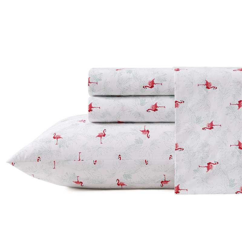 Tommy Bahama Printed Percale Cotton Sheet Set, Queen Sheet Set with 2 Pillowcases, Gray Flamingo Santa