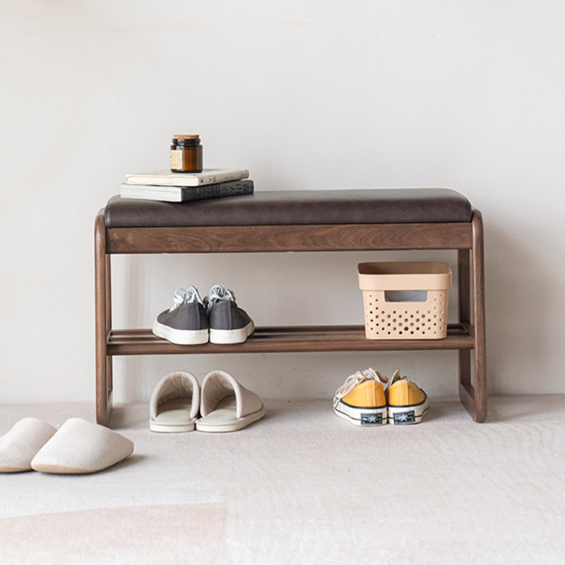 Modern Minimalist Black Walnut Soft-Seat Shoe-Changing Bench, 15.75" H x 28.35" W x 14.17" D