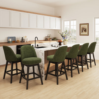 Vintage Upholstered Swivel Bar Stool with Solid Wood Legs