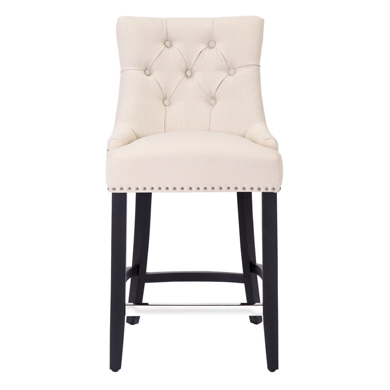 Linen Fabric Tufted Upholstered Counter Stool, Counter Stool (24” Seat Height), Beige Linen/Black Frame