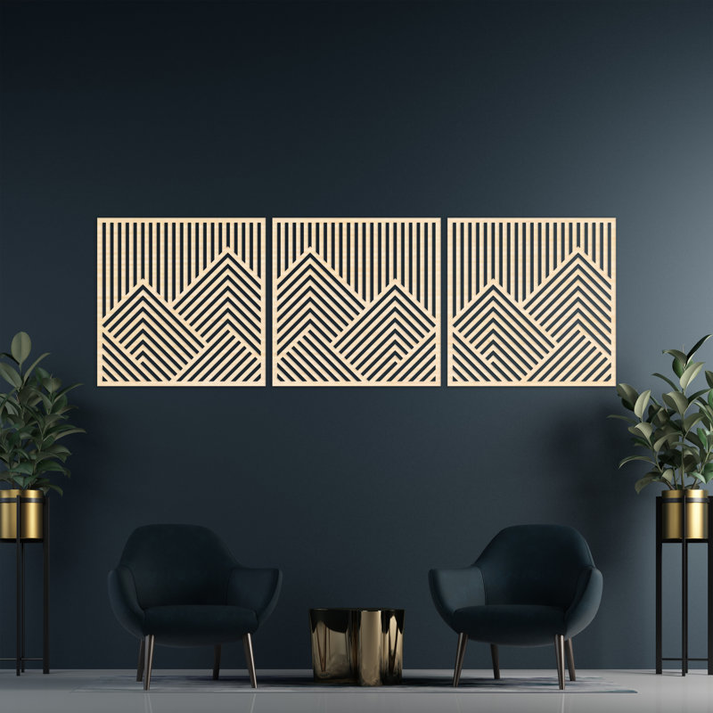 Abstrait trois œuvres d'art murales carrées en bouleau baltique naturel, H 10,7 po x l 32 po x P 0,25 po