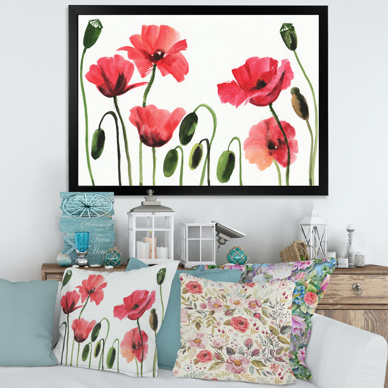 Coquelicots rouges rétro - peinture sur toile, H 12 po x l 20 po x p 1 po, Cadre noir