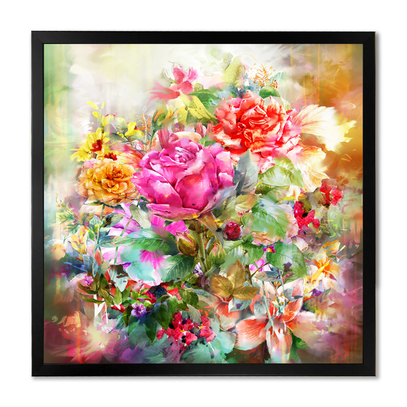 «Modern Pink and Green Summer Garden II», reproduction d'art sur toile, H 16 po x l 16 po x P 1 po, Cadre noir