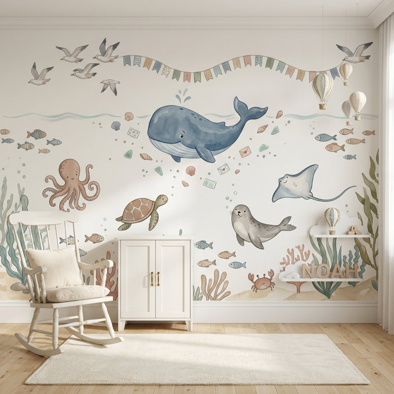 Décoration murale sous-marine baleine côtière amovible, 160 po x 108 po, Peler et coller