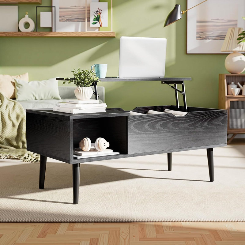 Table basse à plateau relevable en bois avec compartiment caché et grande tablette de rangement, table de salle à manger à plateau relevable pour le bureau du salon, ébène