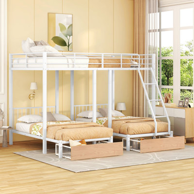 Space-Saving Triple Bunk Bed With Storage Drawers And Guardrails