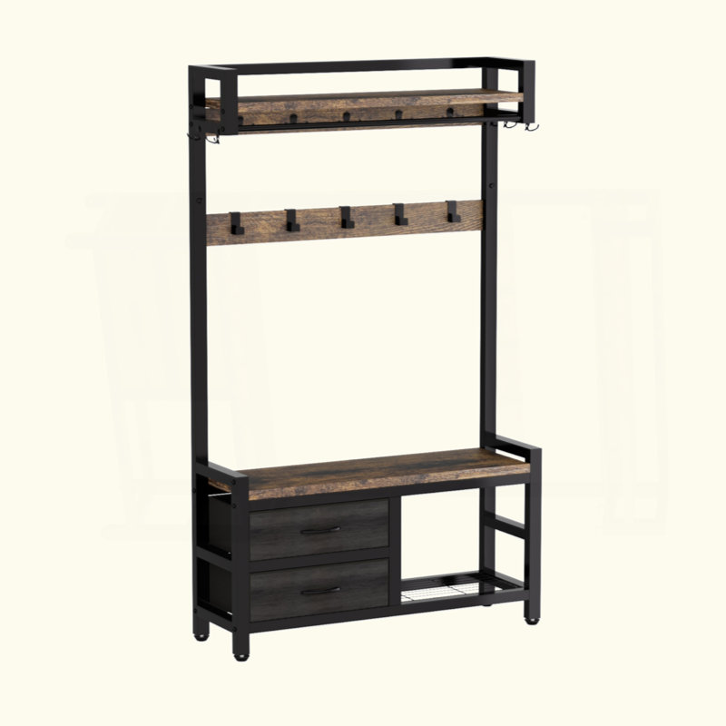 33.1" Wide Hall Tree With 2 Movable Drawers, Shoe Storage, Shelves And Garment Racks, 5-In-1 Entryway Bench With 14 Hooks (Fixed And Movable)
