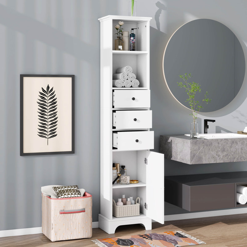 Grande armoire de rangement avec 3 tiroirs et tablettes réglables pour la salle de bain, la cuisine et le salon, panneau de fibres à densité moyenne avec finition peinte