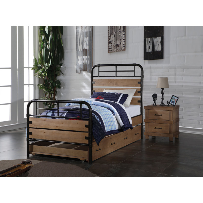 Rech Industrial Twin Bed with Metal Frame in Antique Oak and Gunmetal