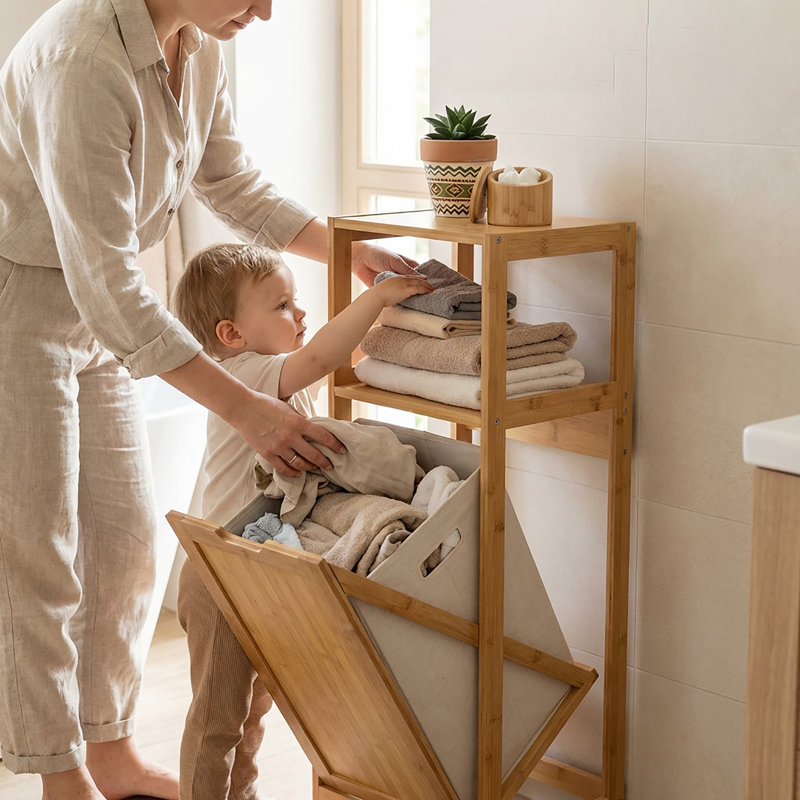 Miami Tilt-Out Cabinet Laundry Hamper with Basket and Shelves, Bamboo