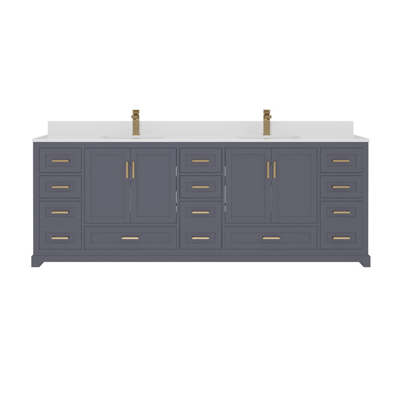 84 po Maya Meuble-lavabo de salle de bain avec comptoir gris anthracite assemblé, Gris anthracite / or brossé, Monotrou