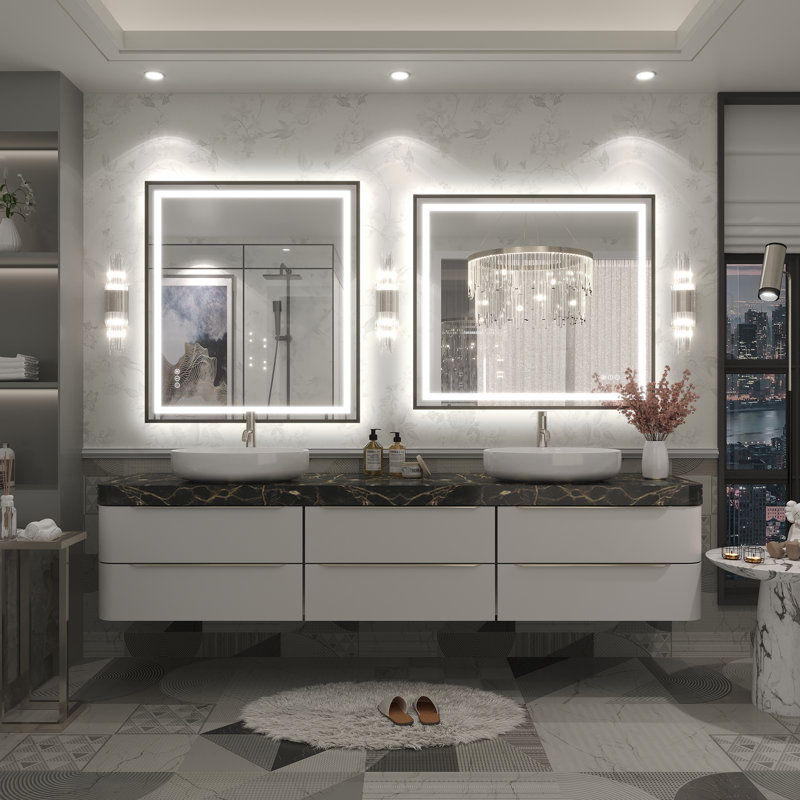 Molly Framelss or Framed LED Anti-Fog Tempered Glass Wall Bathroom Vanity Mirror - UL Certified, 36" x 32", Black