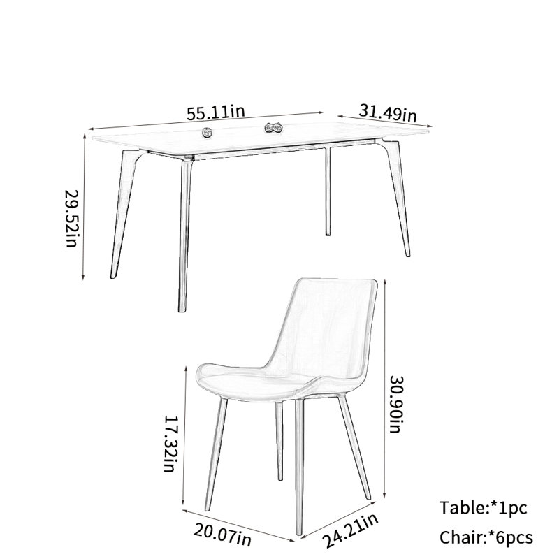 Modern Simple Rock Plate Dining Table Sets 6 - Person Four Leg Dining Set, 29.52"H x 55.11"L x 31.49"W