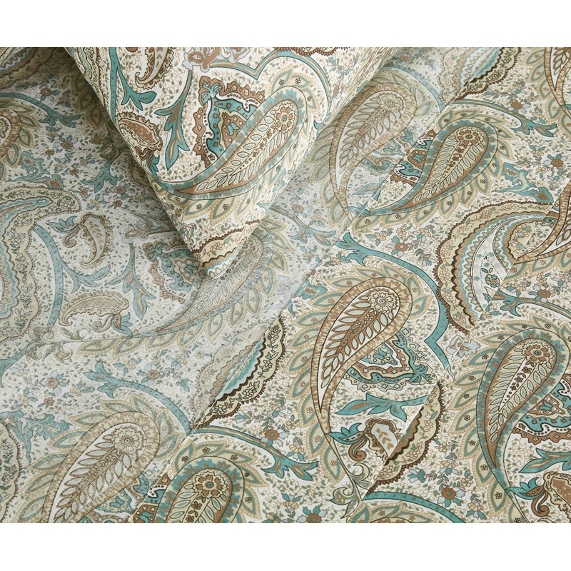 Presley Paisley Floral Printed Cotton Bed Sheet Set, Queen Sheet Set with 2 Standard Pillowcases