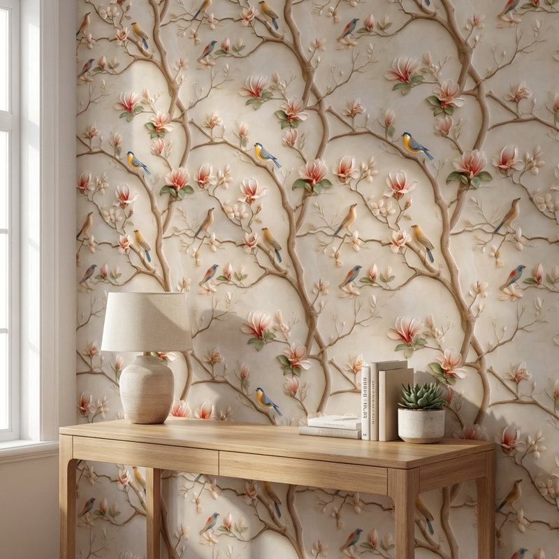 Papier peint oiseaux, branches, fleurs, branches