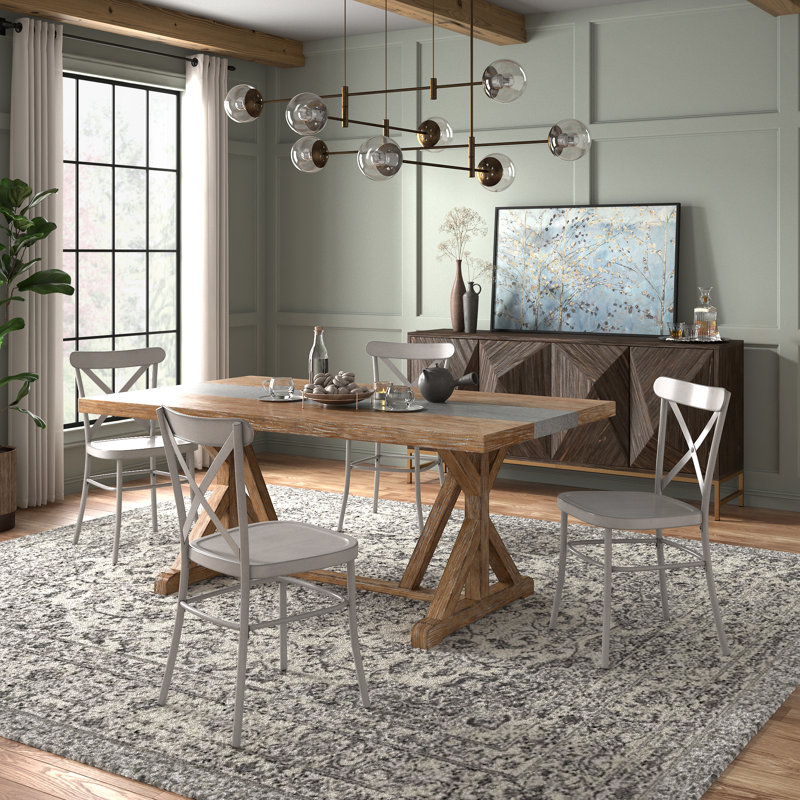 Cann Rustic Pine Frame Concrete Veneer Top Dining Table Set - Stripe Concrete Veneer Top Table And 4 Chairs, Gray