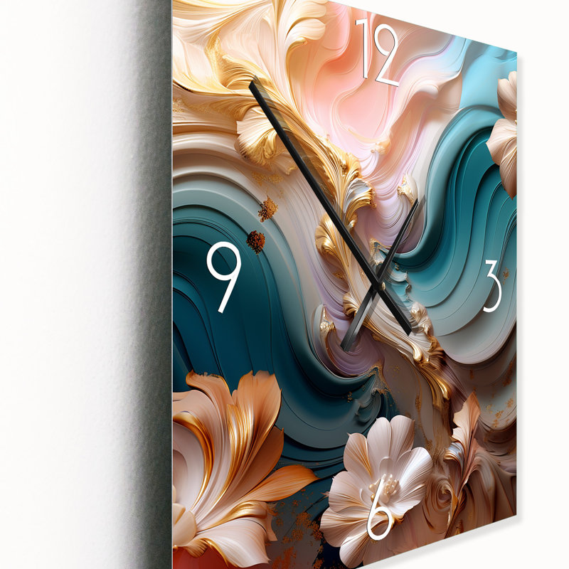 «River Blossoms», rose, art liquide en fleurs - horloge murale surdimensionnée, Petit