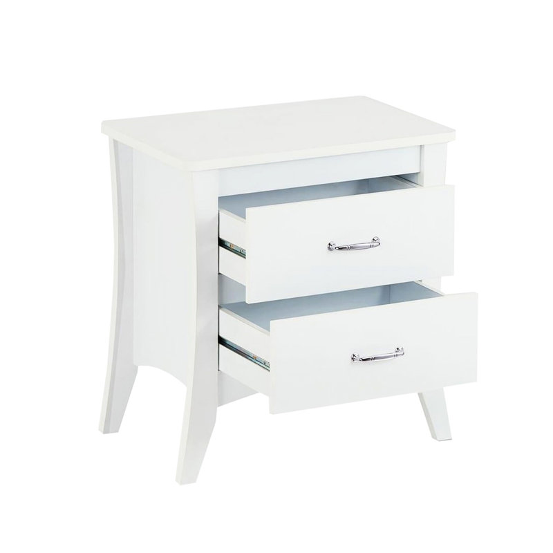 Table de chevet blanche de style moderne avec 2 tiroirs et pieds fuselés, deux options élégantes