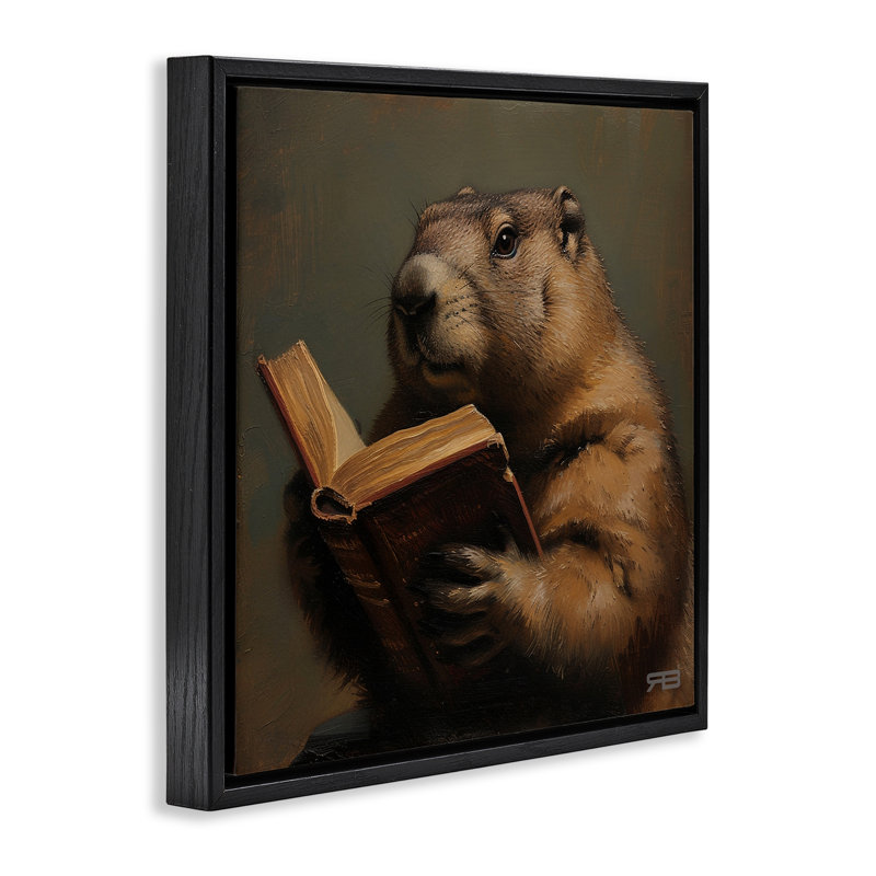 «Groundhog lecture livre gris», art mural sur toile flottante par Roozbeh Bahramali, Cadre flottant noir de jais