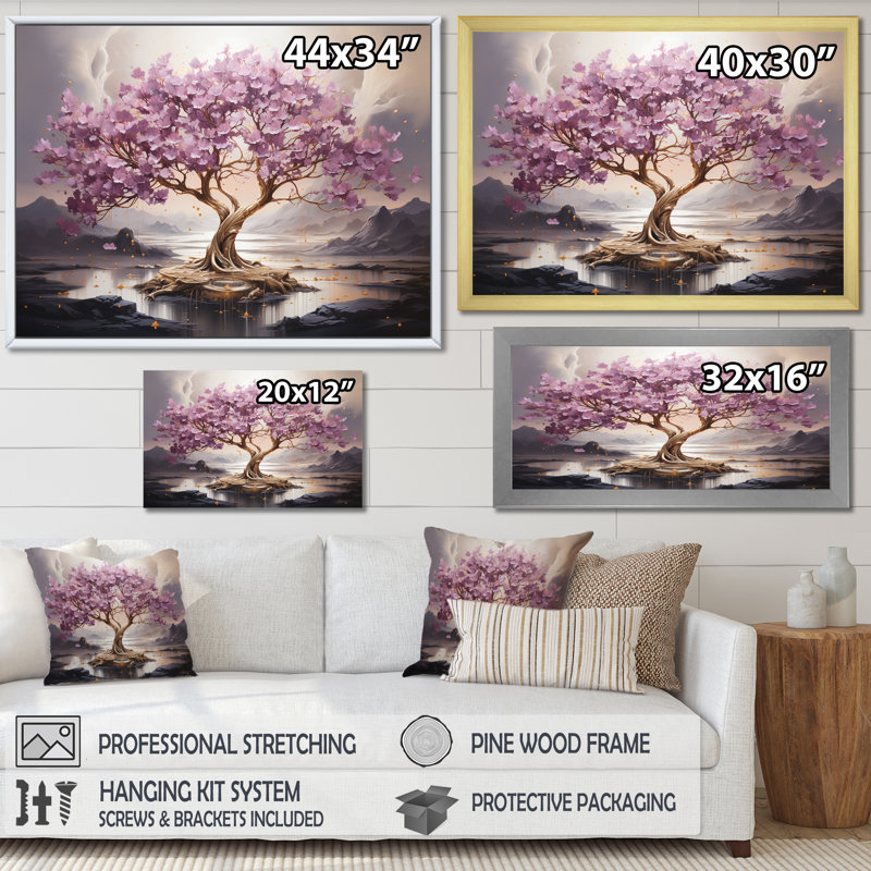Fleur de cerisier mauve au bord du lac I - Art mural cerisier en fleurs, Cadre flottant blanc, H 24 po x l 32 po x P 1 po