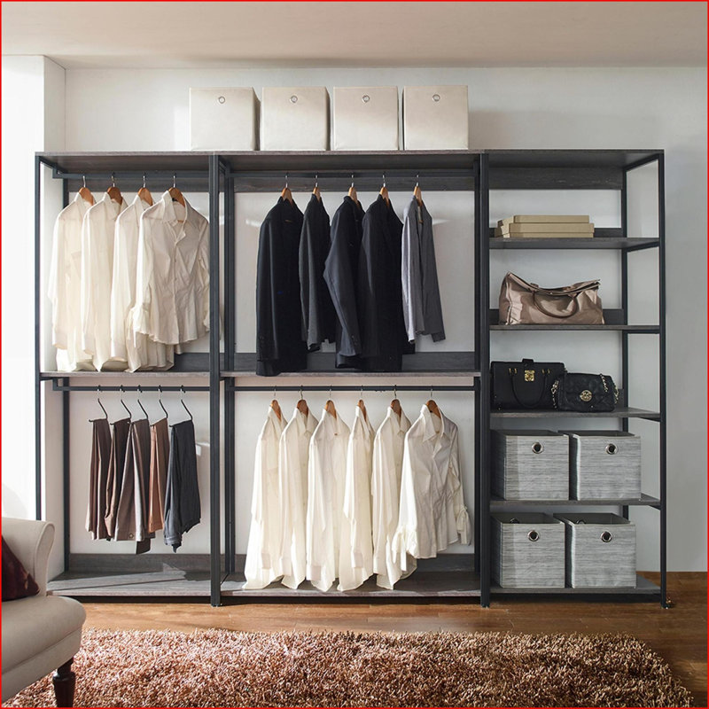 Walk-in Closet System | Configurable Weathered Wood w/ Black Metal Frame | Spacious Drawer | Wood+Metal | Grey, Gray
