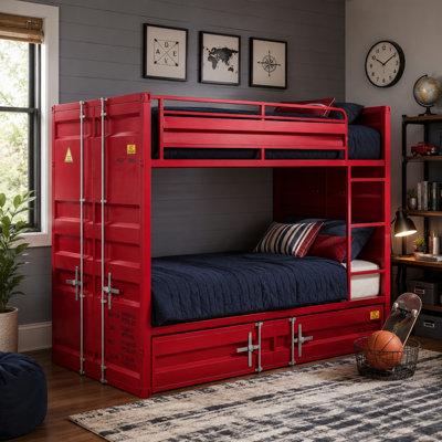 Metal Base Twin Trundle with Slat System and Cremon Bolts, Red