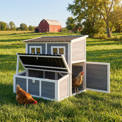 Wooden Chicken Coop, 39" Chicken House with Nesting Box, Pull-Out Tray, Waterproof Roof, for 4-6 Chickens, Rabbits, Light Gray