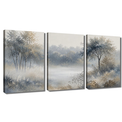 3 panneaux d'art mural, impression sur toile Misty Forest River