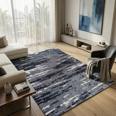 Gris abstrait de qualité supérieure | Tapis intérieur blanc en soie noué à la main