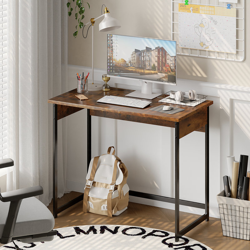 Sturdy Metal Frame Writing Desk, Compact Minimalist Computer Desk for Home Office & Bedroom, 37in, Brown