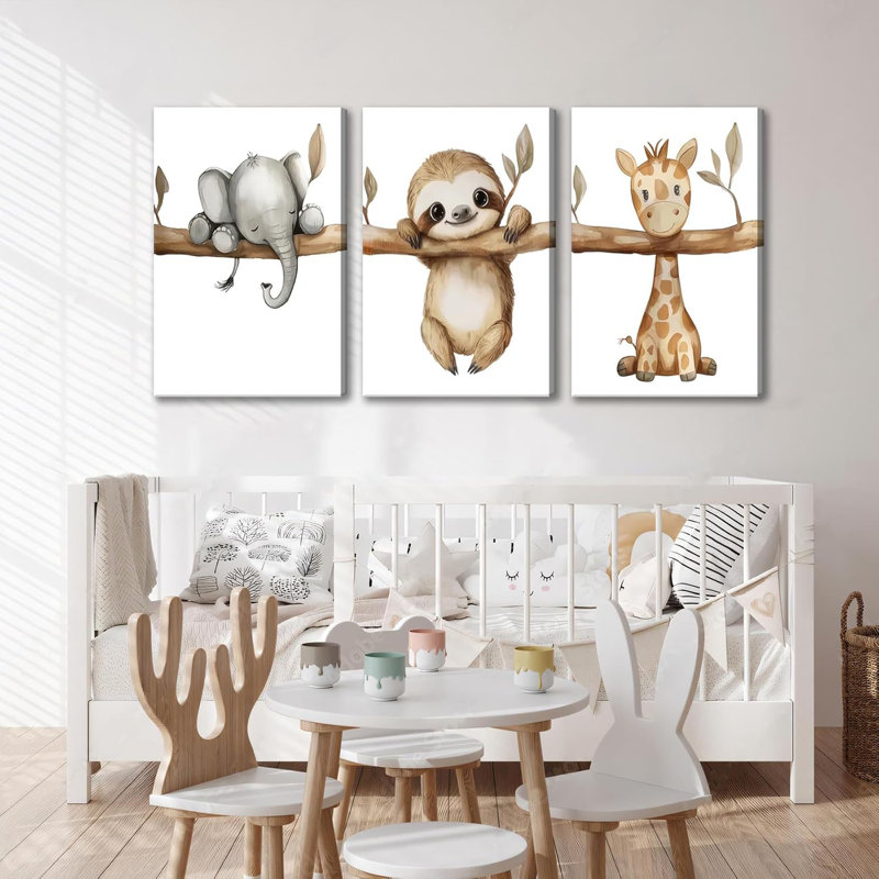 3 pièces crèche animaux toile art safari pépinière affiche impressions enfants de la jungle peinture mignonne éléphant paresseux girafe œuvre d'art photo décoration murale pour chambre de garçons chambre de filles 12 x 16 po encadrée