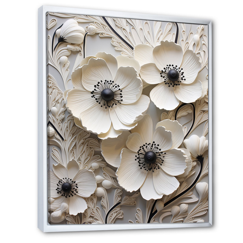 Décoration murale blanche renoncules blancs sur beige II - renoncules, H 44 po x l 34 po x P 1,5 po, Cadre flottant blanc