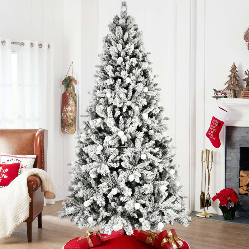 Flocked Christmas Tree with Colourful LED Lights, G45 Balls, Realistic Needles, Memory Wire Branches, Multiple Lighting Modes and Stable Stand
