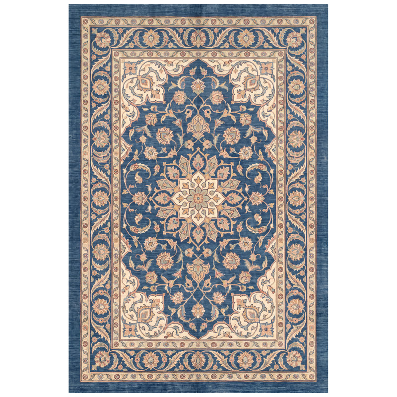 Tapis persan traditionnel audacieux en acacia, bleu marine, ivoire, or, vert et rose, lavable à la machine, antidérapant, à poils courts, adapté à l'intérieur et à l'extérieur, pour salon, chambre, salle à manger, entrée, couloir, bureau.