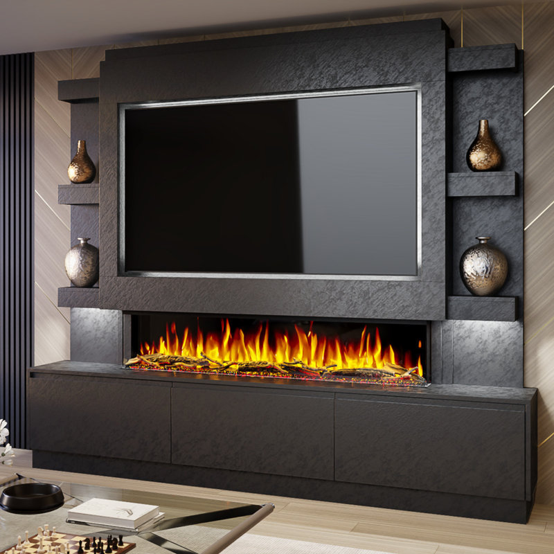 Evolution Fires Pre-Built Media Wall Package 22, finished in textured Venetian Plaster, includes Spectrum Series 60 Series 3-Sided Electric Fireplace