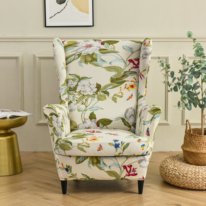 Cotton Box Cushion Stool Slipcover, Beige Floral 100% Cotton