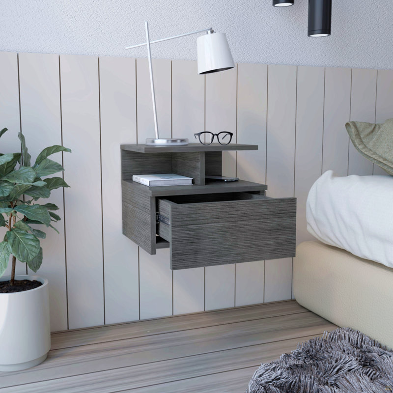 Table de chevet suspendue, avec un tiroir et deux petites Ã©tagÃ¨res en dessous, Smoke Gray