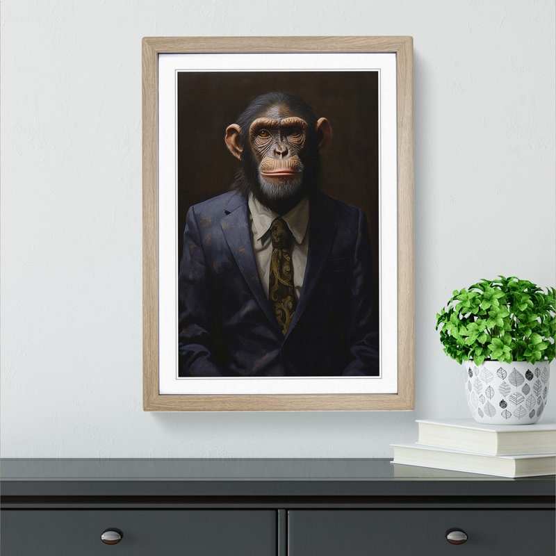 Monkey In A Suit Painting No.2 - Single Picture Frame Print on Wood, 64cm H x 46cm W x 2cm D, Oak Framed