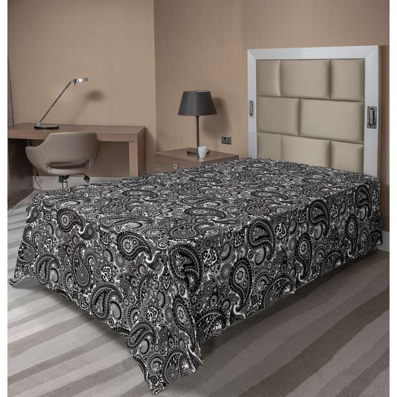 Drap plat Ambesonne East Top blanc dentelle et gris anthracite, Simple extra long