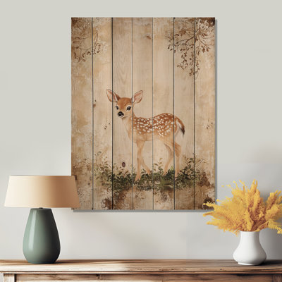 Deer Fawn Playing In Forest - Modern Brown Wood Print On Natural Pine Wood