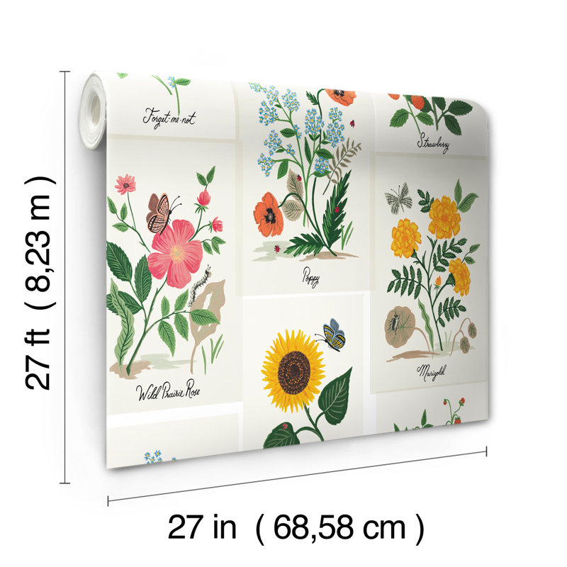 Rouleau de papier peint lisse L 27 po x l 27 po Botanical Prints, Blanc / rose