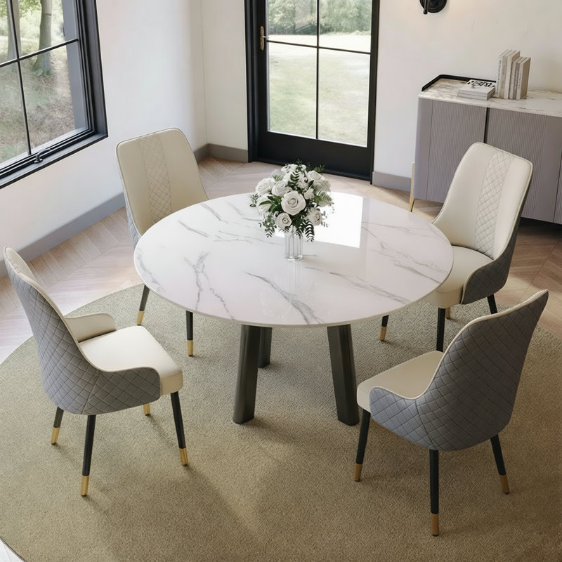 CVIS1276 5/7 Pieces Modern Round Dining Table Sets, Glossy Sintered Stone Dining Table With PU Upholstered Chairs, Pre-Assembly