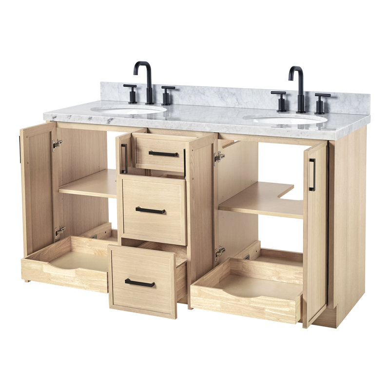 Meuble-lavabo ovale double 61 po avec comptoir en marbre de Carrare italien Ariel Kellie, Chêne