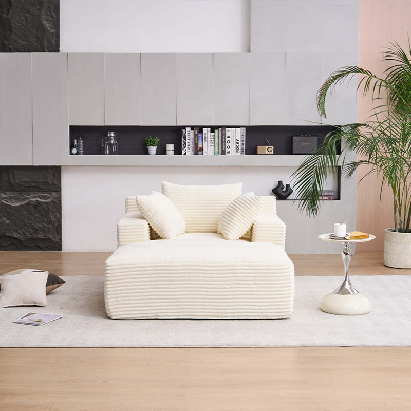 Méridienne surdimensionnée en velours côtelé à assise profonde avec coussins décoratifs et accoudoirs, Beige