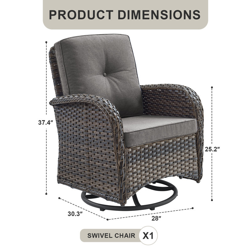 Aluel Outdoor Patio Swivel PE Wicker Rattan Chair With Cushions, Brown, Gray